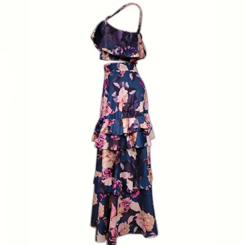 NWOT-Floral Ruffle Maxi Skirt and Top - Navy & Blush 2 Piece Set - Picture 3 of 5